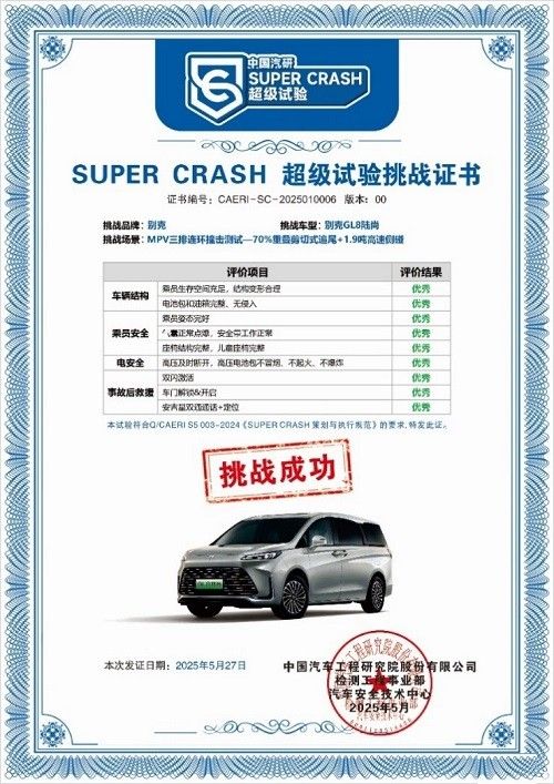 别克GL8陆尚完成中国汽研MPV三排连环撞击测试